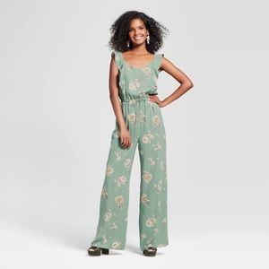 sage floral ruffle front wide leg jumpsuit